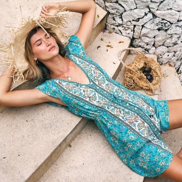 Bohemian Floral Print Teal Button Up Dress - Picture 3 of 5